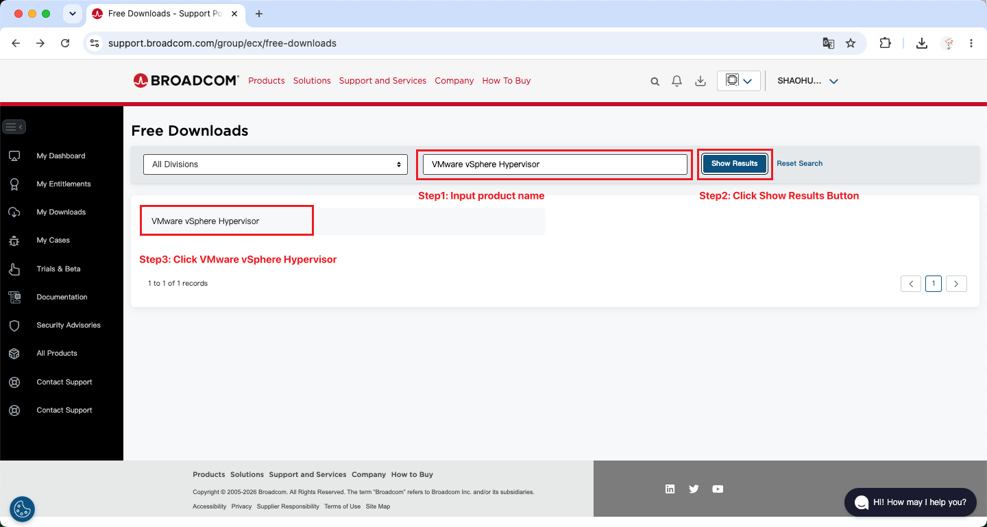 在 Free Downloads 页面搜索 VMware vSphere Hypervisor