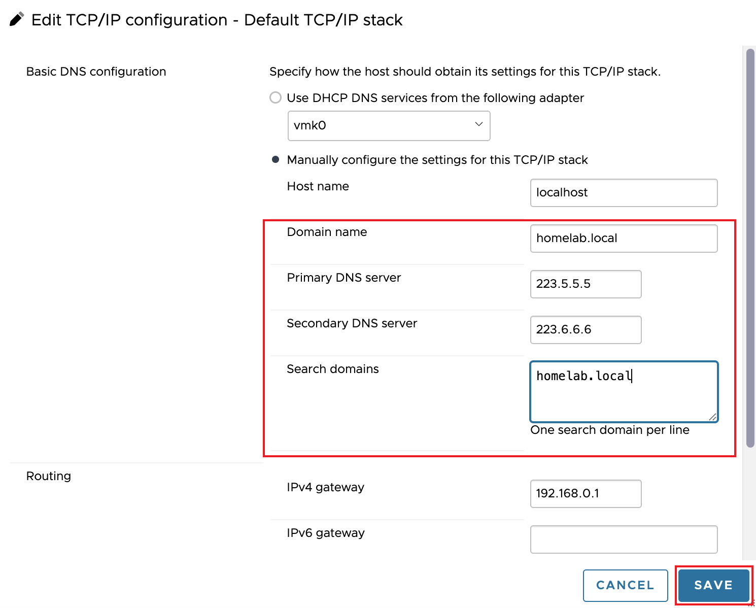 编辑 TCP/IP 配置界面
