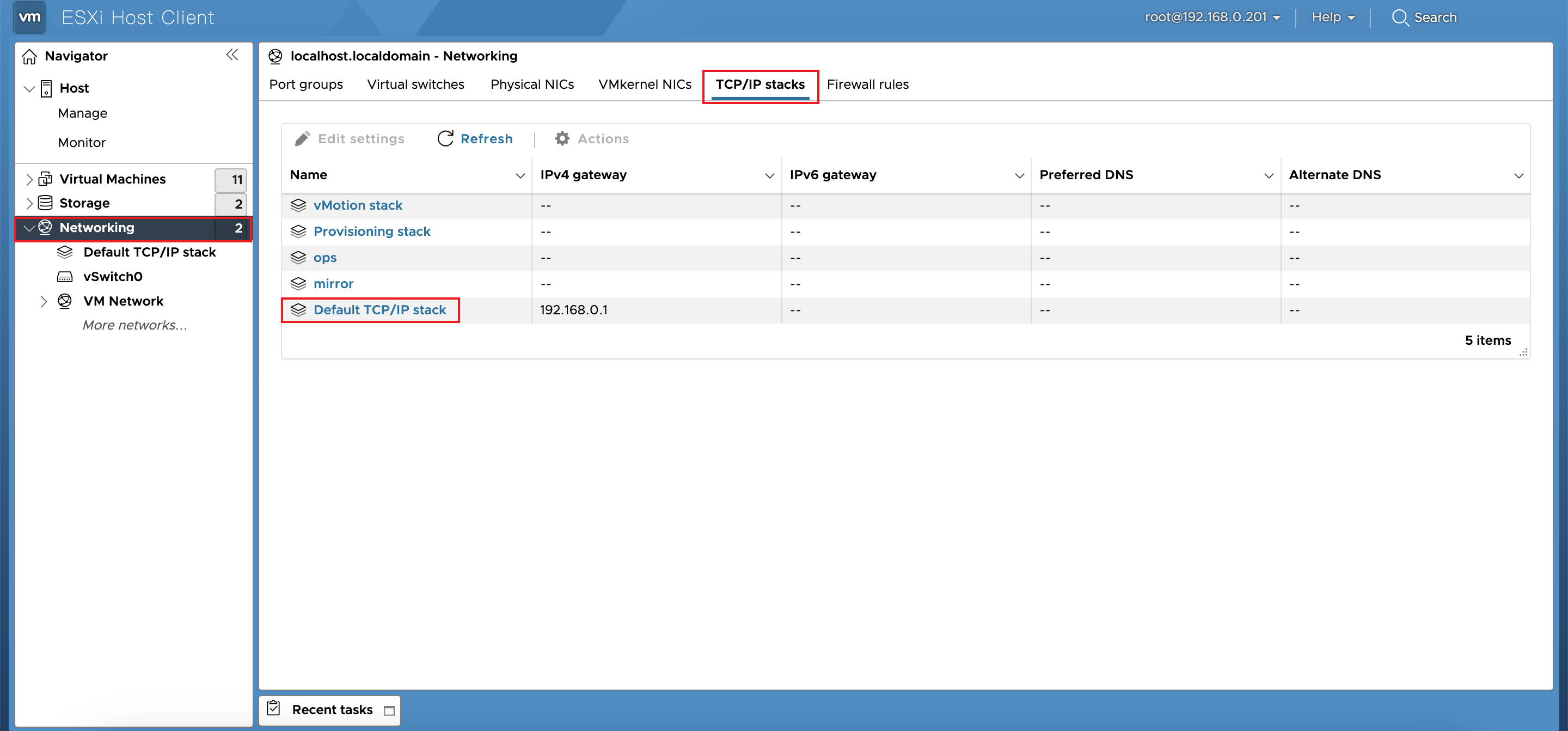 ESXi TCP/IP 堆栈列表