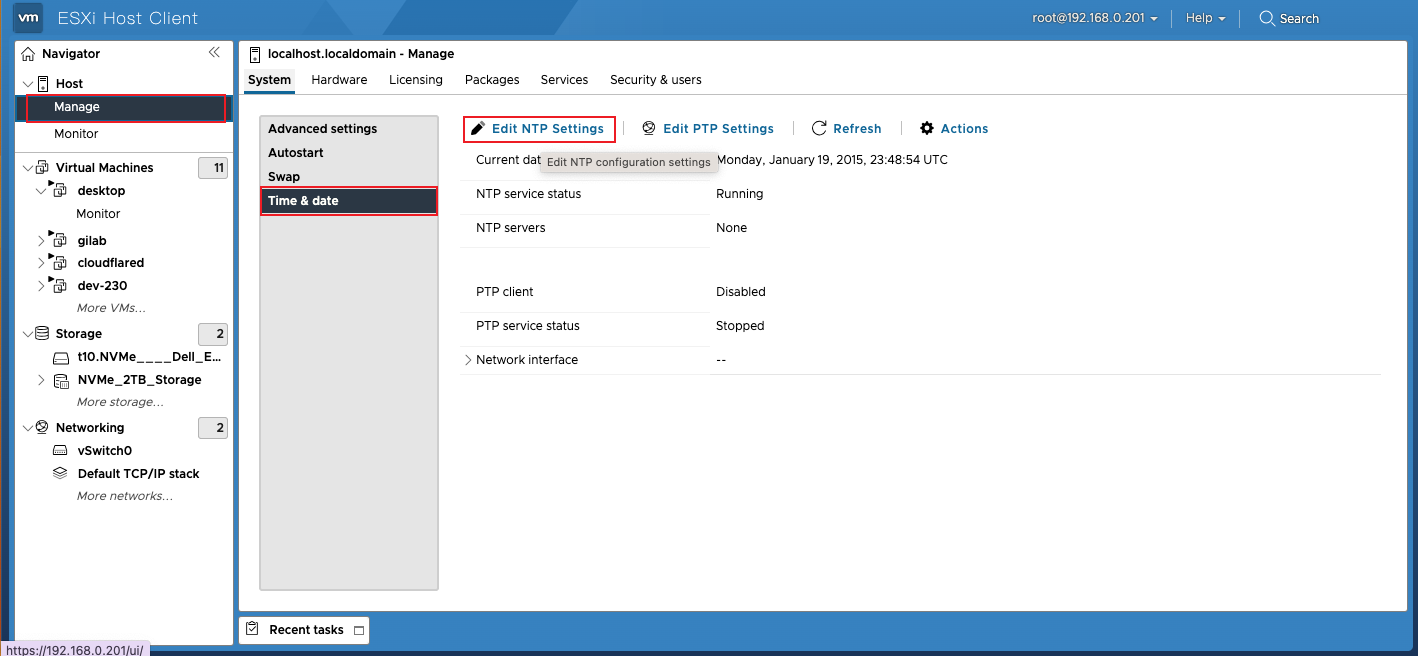 ESXi 时间和日期管理界面